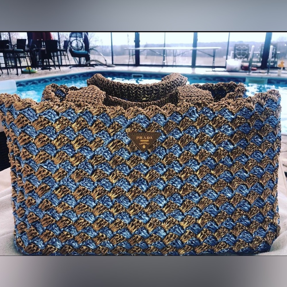 Prada Cielo Raffia Crochet Shopping Vacation Blue Tote Bag Rafia Resort - Picture 3 of 7